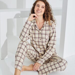 %100 Pamuk Ekose Uzun Kol Önden Düğmeli Kadın Pijama Takımı 98225