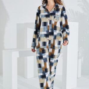 %100 Pamuk Uzun Kol Önden Düğmeli Kadın Pijama Takımı 98226