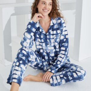 %100 Pamuk Uzun Kol Önden Düğmeli Kadın Pijama Takımı 98227