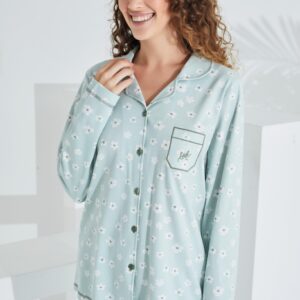 %100 Pamuk Uzun Kol Önden Düğmeli Kadın Pijama Takımı 98228-29
