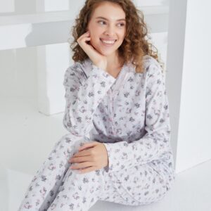 %100 Pamuk Uzun Kol Önden Düğmeli Kadın Pijama Takımı 98285