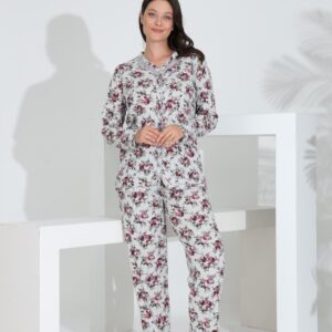 Angelique %100 Pamuk Uzun Kol Boydan Düğmeli  Kadın Pijama Takımı 21514