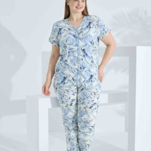 Bambu Kısa Kol Düğmeli Büyük Beden Kadın Pijama Takımı 74057